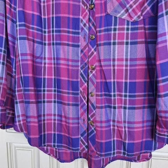 Terra Sky Shirt Plus Sz14W Plaid Pink/Purple Long Sleeves Collar/Cuff Pleat Back - Picture 9 of 10